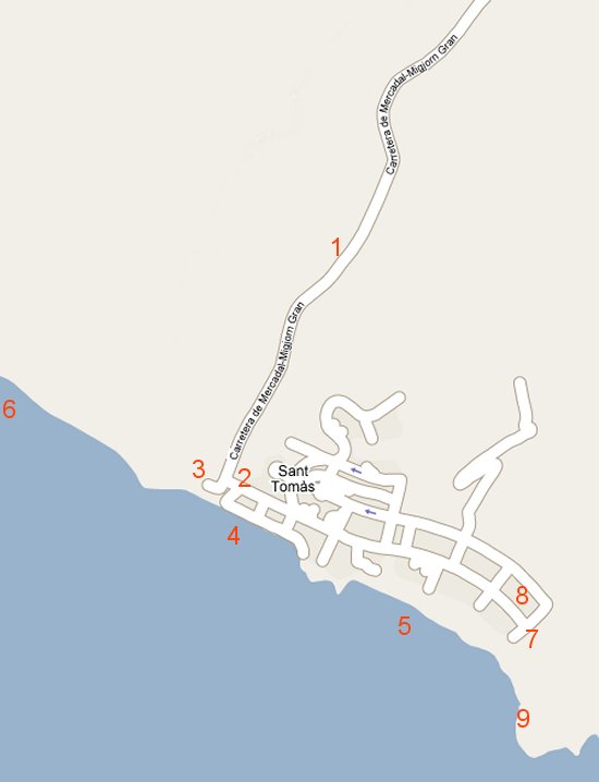 Anfahrtskarte zur Siedlung Santo Tomas und den Stränden von San Adeodato und Binigaus in Es Migjorn Gran.