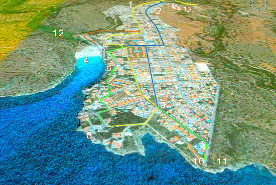 Karte von Cala en Porter, Lage der Informationspunkte für den Zugang zur Urbanisation und zum Strand von Cala en Porter, der Diskothek Cova d'en Xoroi und dem Pfad nach Cales Coves.