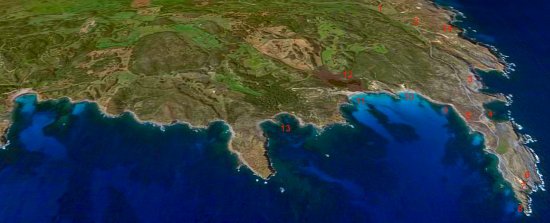 Mappa della costa di Menorca, area del Parco Naturale dell'Albufera des Grao. Vista da Cala Tortuga, Cala Presili, il Cabo de Favaritx.