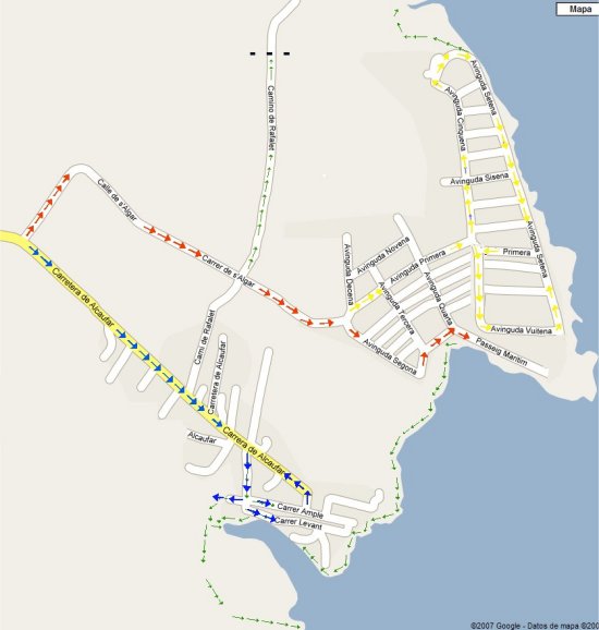 Papa de acceso a Cala Aklacufar y la Urbanizacion de salgar, desde Sant Lluis indicando los dos circuitos